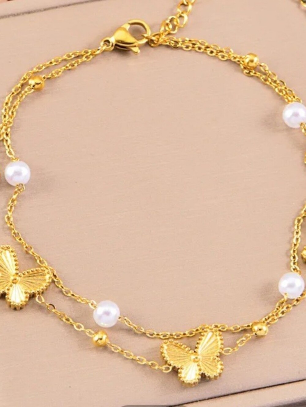 Anklet 18K Gold Plated, Waterproof, Non Tarnish Butterfly Pearl Double-Chain 10" - Picture 2 of 4